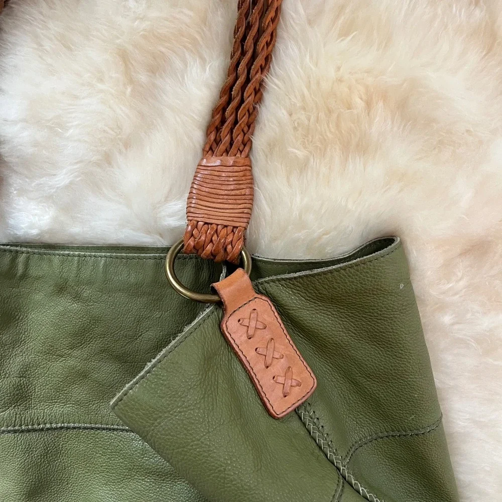 Lucky Brand Leather Shoulder Bag Large Olive Green
